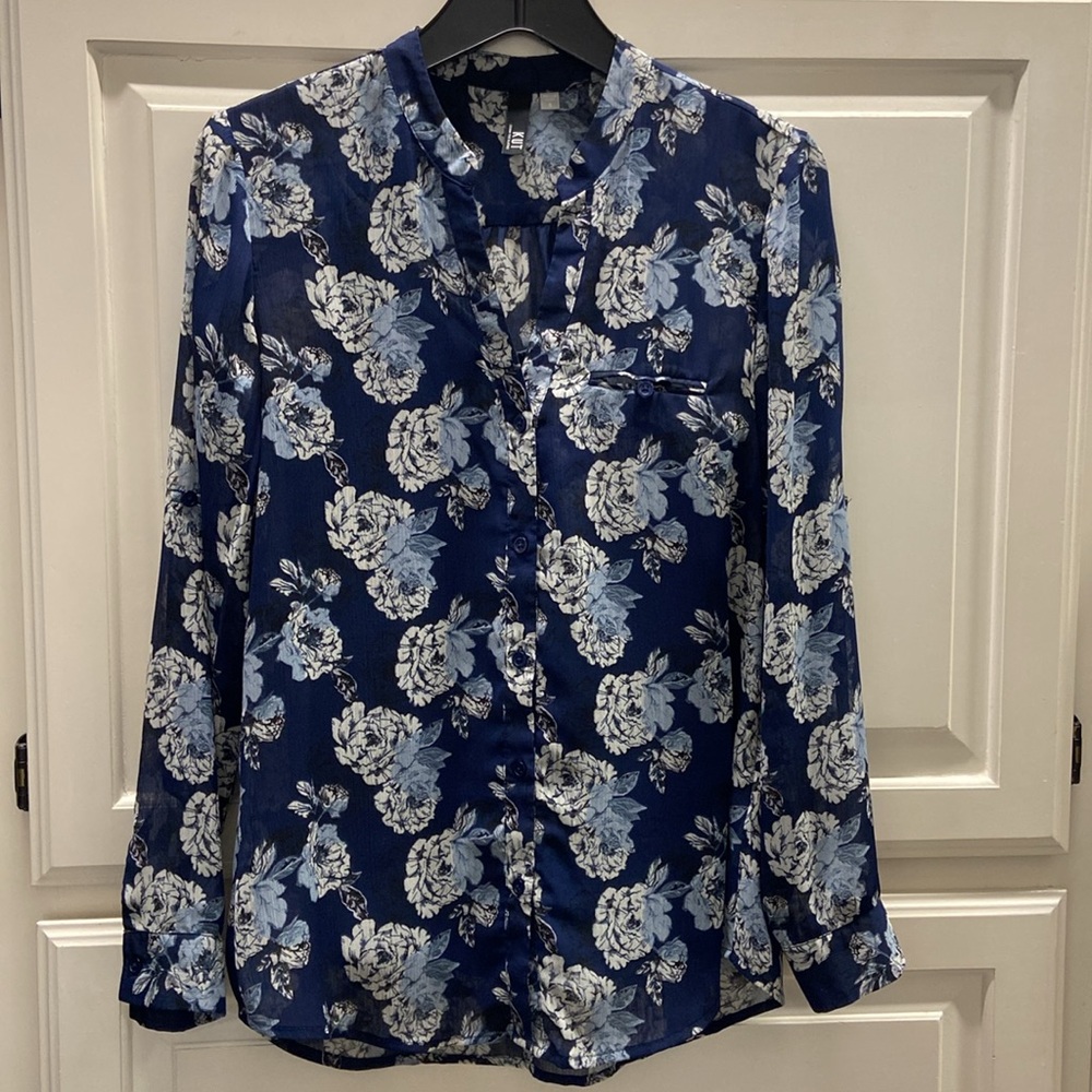Navy blue floral print semi-sheer blouse by KUT in size S. Gently cared for. - Picture 1 of 7